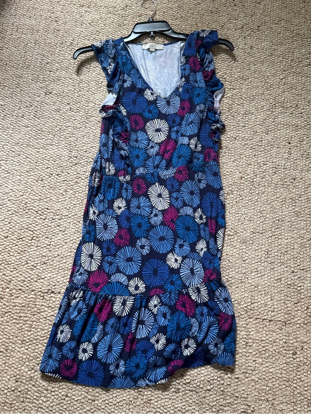 LOFT Navy Blue Floral Ruffle Midi Dress